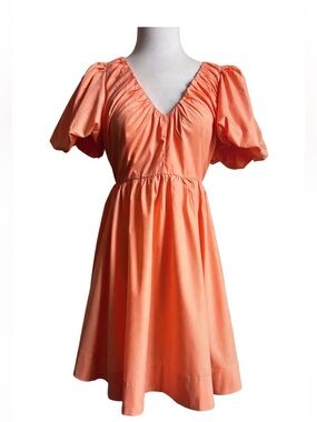 Hello Molly Peach Puff-Sleeve V-Neck Cottagecore/ babydoll Mini Dress S